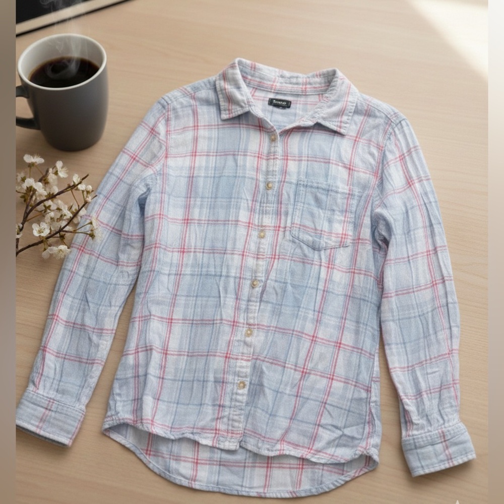 ROOTS Women’s Pink & Blue Plaid Flannel Button Down Shirt Cotton Long Sleeve